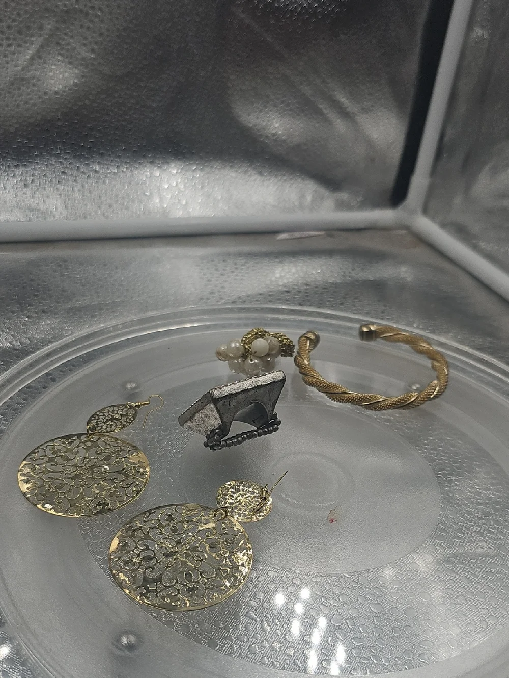 Golden Bracelet & Earings, Crochet Pearl Ring And Loose Shadow Box Stretch Ring - Picture 2 of 3